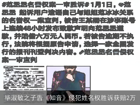 毕淑敏之子告《知音》侵犯姓名权胜诉获赔2万
